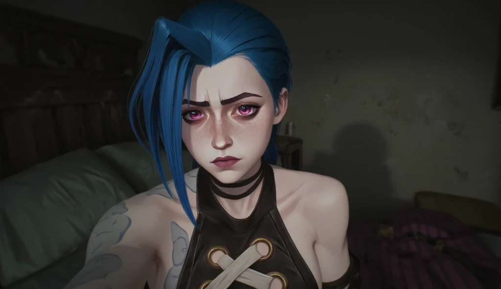 check_9, check_8_ up, check_7_ up, Jinx, , , , очень уально,  , woman with blue hair and black top, Facing the viewer,  , , , , (Aerial view:1.2.), (( Facing the viewer : 1.2.)), ((hedgehog hairstyle  : 1.2.), short Hair, asymmetric bangs, voluminous short hairstyle,  current makeup , without tails  , voluminous hair slim figure, black top, tight striped pants ,, red and pink eyes , hair is loose, 1girl, One, long hair, shiny, gradient background ,  dark walls  , dark room, darkness, darkness,  ruined room,