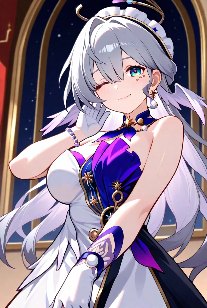 masterpiece, Best quality�����������mmd, 1 girl, Bronya Zajczyk, breast, alone, long hair, split, gray hair, gray eyes, Keep your mouth shut, earrings, Bangs, jewelry, skirt, bare shoulders, sleeveless, hair between eyes, 单pauldron, looking at the audience, large breast, armor, shoulder armor, drill hair, sleeveless skirt, Upper body, single sleeve, double diamond, white skirt, pauldron, Poker face