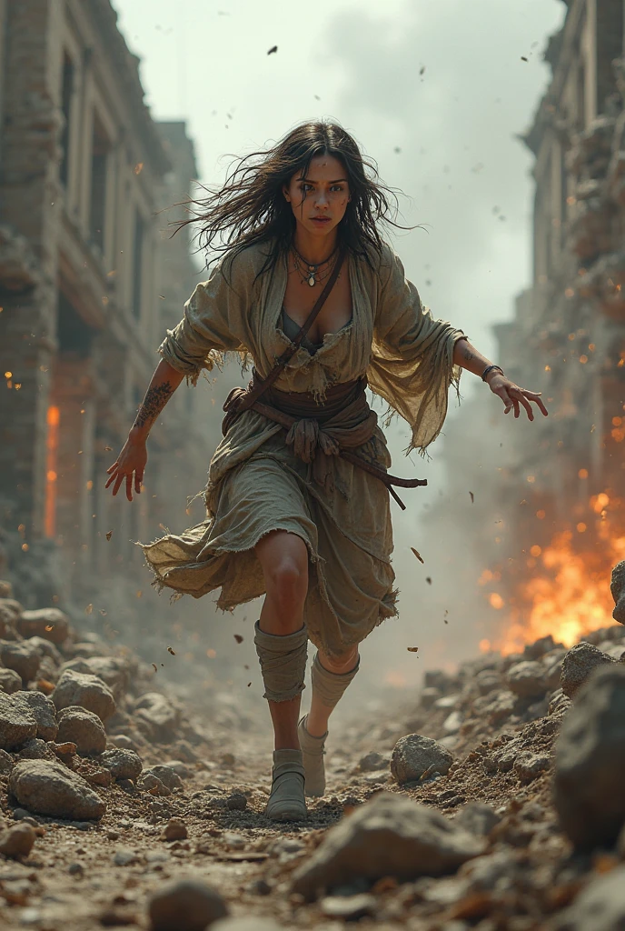 masterpiece, waist up, a girl in full body burlap sackcloth, terrified face, injured, dirty skin, medieval city flaming battlefield environment, by greg rutkowski, vibrant, photo realistic, realistic, dramatic, dark, sharp focus, 8k