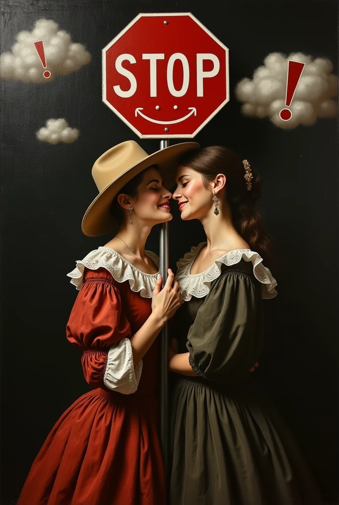 two  women in lace dresses celebrate and laugh, they carry flowers, we see them between four wooden posts, moon (art inspired by Bill Sienkiewicz, intricate details, oil painting)
