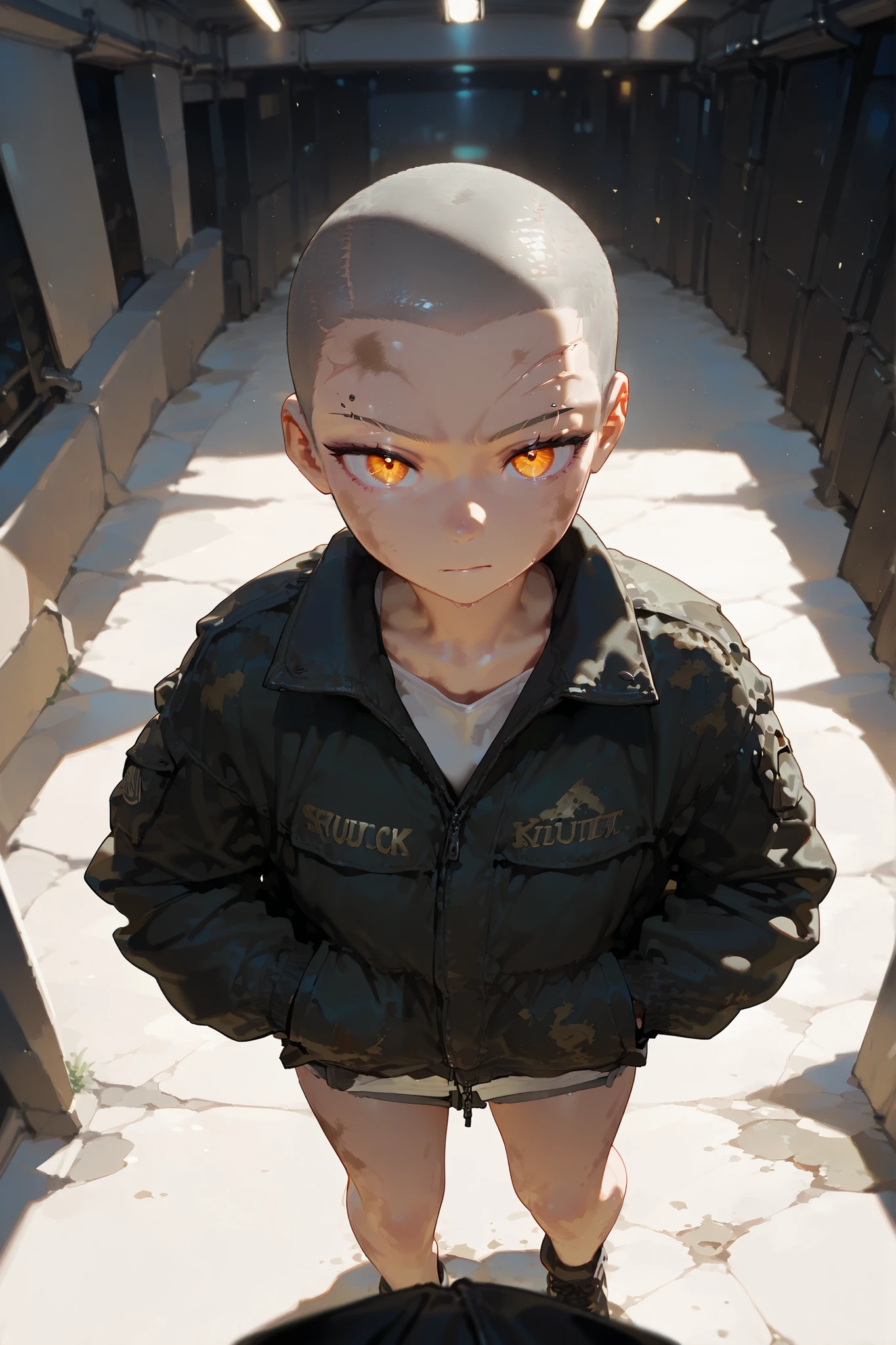 1girl, long sharp eyes, shaved head, buzz cut, scarred, slit on eyebrow, casual look, battle-worn, rough, rubbles background , worn clothes, dirty jacket, hands in pocket, flat expression, standing casually, looking at viewer, front POV, lower angle, (masterpiece:1.2), (best quality:1.2), (very aesthetic:1.2), (absurdres:1.2), (detailed background), newest, perfect anatomy, slightly high angle perspective, direct lighting 