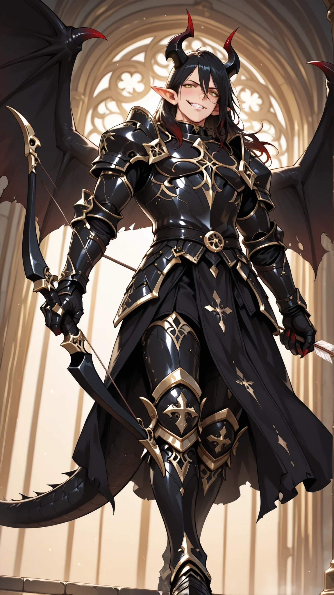 (masterpiece, best quality: 1. 5), highres, 8K, CG, (((Anime))), (1 male), lean body, ((masculine)), (floating in the air), weredragon, japanese anime style, glossy black, shiny black leather, ((beautiful golden eyes, finely detailed eyes, bright eyes, vertical iris)), hair between eyes, long hair, sideburns, wild hair, (sly grin, smirk, evil smile), teeth, confident, black hair, (ultra detailed face), shiny skin, long pointy ears, twisted torso, long-legged, sculpted face, wasp waist, dragon’s horn, dragon’s tail, dragon’s wings, dragon’s sharp claws, ((black armor with a lot of grandiose decorations)), half dragon half human, dramatic angle, dynamic posture, ((holding a bow and arrow)), ultra detailed black armor, black armor with gold accent, all black outfit, whole body, emphasize face, focused expression, sharp focus, oblique angle, good-looking man, well-polished black armor, charismatic pose, (best illustration), cinematic, super detailed, dramatic lighting, (intricate detail, super detail, extreme detailed), reflection, pearly luster, ((highly detailed artwork)), dramatic shadows, tenebrism, chiaroscuro, wonderful pose, chiseled features, stark contrast, heavy shadows, detailed black decorations, beautiful and aesthetic, photoreal, from below, (mysteriously crafted black metal armor: 1. 5), sparkling accessories, thick and luxuriant hair, ultra detailed fantasy black armor, dressed in black, broad shoulder, sharp eyes, true-to-life visuals, artistically refined, dramatic contrasts, ((extremely delicate and beautiful armor, elaborate armor details)), dark armor, toned male, exquisite goldwork, wonderful black armor, armor with intricate engravings, (armor-type boots), ((detailed shoulder armor with intricate engravings, gold accent black armor)), (128K Ultra High Resolution), very gorgeous and dazzling, dark fantasy black knight, slim waistlines, wide chested, sinewy body, splendid scenery background, (((Hyper Detailed & Perfectly Designed Black Armor)))