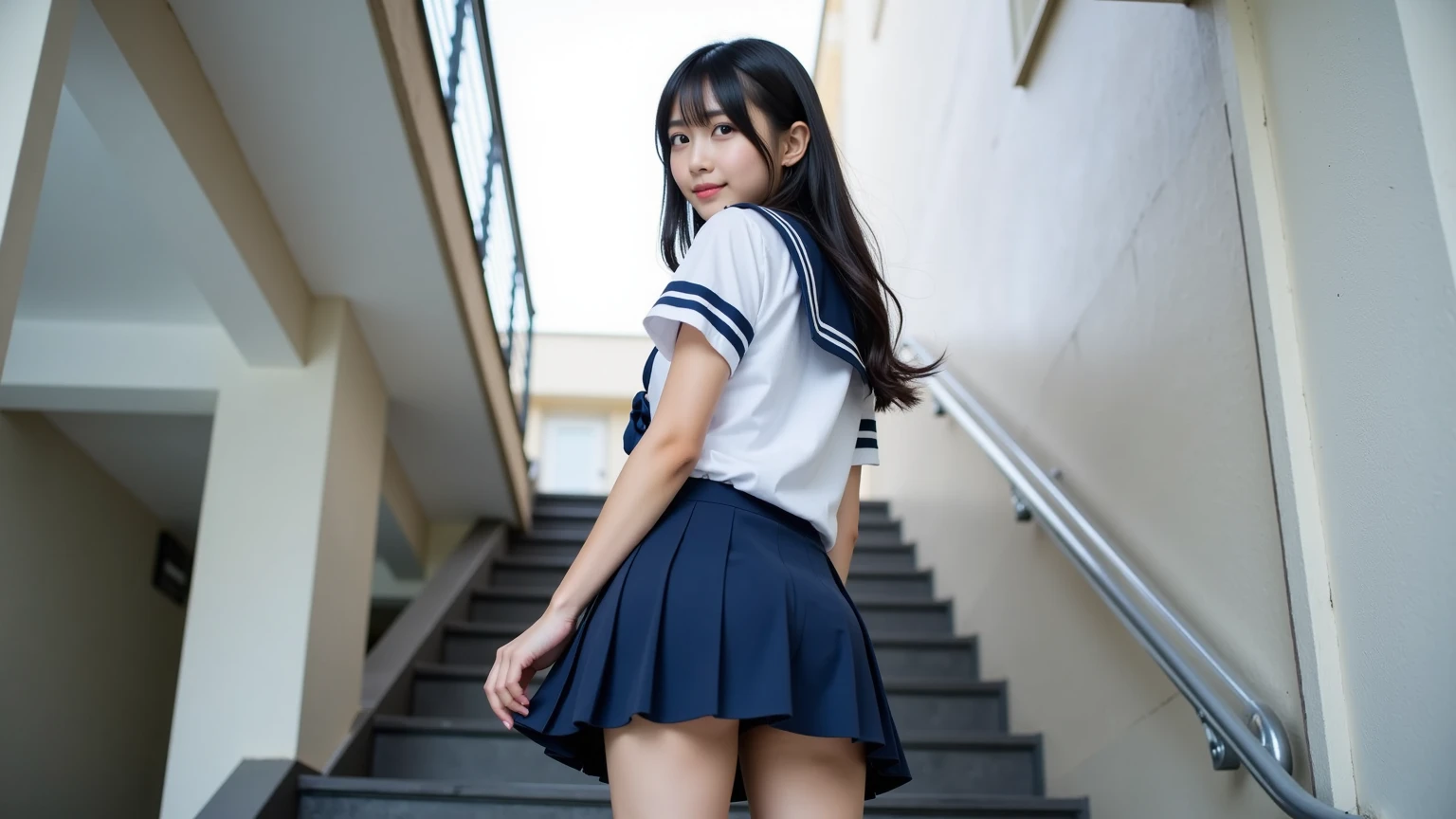 ((escalator))、lewd smile、(realistic、Photoreal:1.37)、(masterpiece)、(highest quality:1.4)、(超A high resolution:1.2)、(Raw photo:1.2)、(sharp focus:1.3)、(stand:1.2)、elegant、(Full body Esbian:1.2)、(A girl wearing a detailed sailor suit and pleated skirt:1.3)、Japanese 、(A 30-year-old cosplaying as a high school girl:1.1)、(smile:1.3)、(shine hair:1.3)、 brown haired、bob cut、 short pleated skirt、
(big breasts:1.2), escalatorの下から撮影、beautiful and delicate eyes、 see the beholder、escalatorの最下段から見上げるアングルで撮影、Secretly filming underwear under a skirt