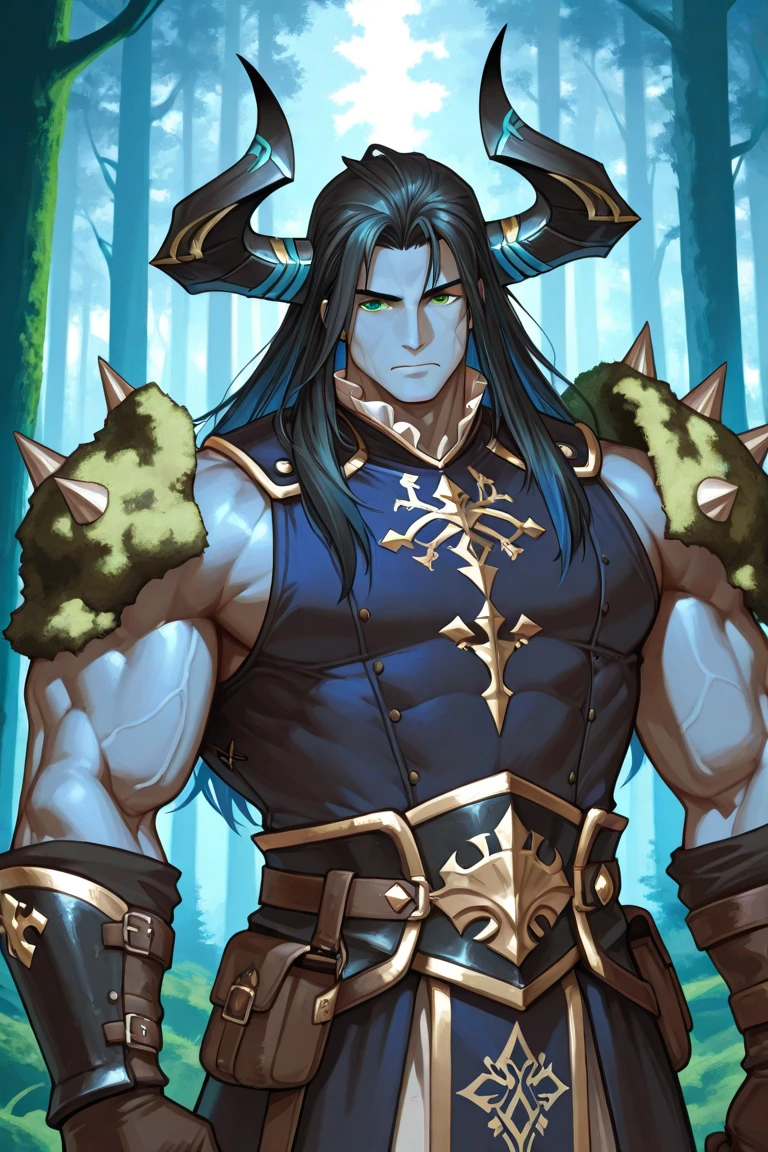 Young man of 1.65, (Black long hair swept up), (detailed eyes, shining eyes) , with a muscular and athletic body, (covered in scars), ((with cat tail)), (wearing armor on his torso that covered the area of his abdomen back and chest), (shoulder pads and white gloves and a short-sleeved second-skin shirt and wide black pants), (anime), (forest background)