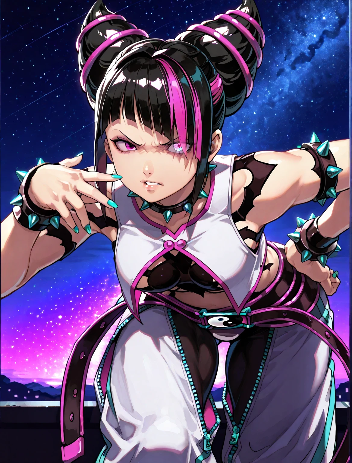 ((juri han)), ((masterpiece)), ((high resolution)), ((solo portrait)), {(attractive figure), (beautiful legs), (turquoise nails), (black hair), (hair horns), (pink dyed bangs), (heterochromia), (pink and turquoise eyes), (parted lips), (annoyed look)}, {(white vest top), (sleeveless), (white leggings), (baggy open black pants), (ying-yang belt), (zippers on pants), (white leggings), (spiked bracelet), (spiked choker)}, {(leaning forward), (hand on hip), (head tilted back), (looking at viewer)}, ((nighttime)), ((starry sky))