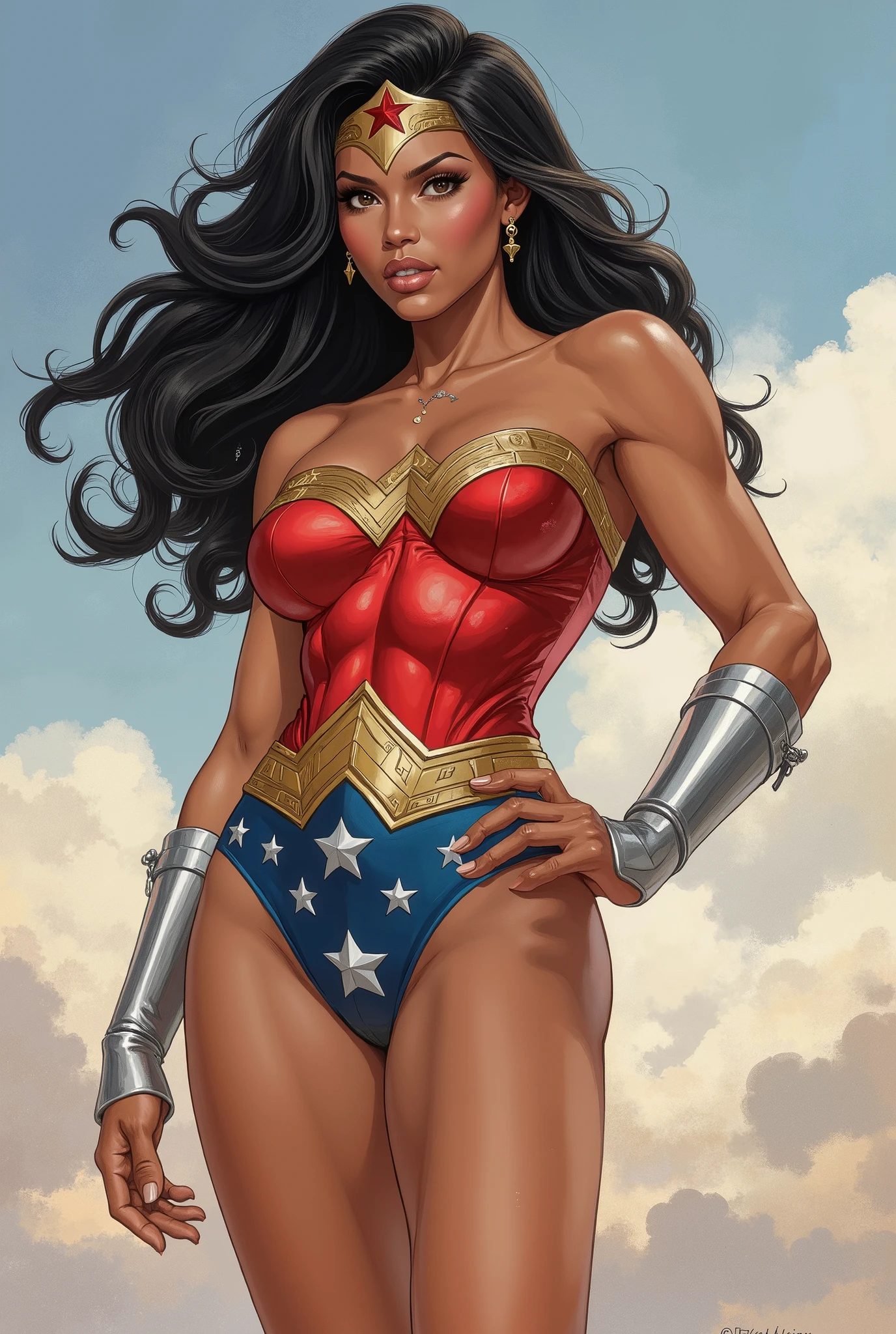 Detailed proportions and textures, multicoloured and softened airbrush brushstrokes, semi-realistic Chinese ink illustration A strong girl who looks like wonder woman (a superhero African American (full body pose, with a confident and bold posture, full lips and defined eyebrows, thick thighs, huge round breasts, wide hips, slim and high waist, flat stomach), The character has long, flowing black hair and large, expressive eyes. She is wearing a red strapless bodice with a gold emblem and a blue bottom adorned with white stars, reminiscent of a classic superhero costume. She has a confident and cheerful expression. The character is also wearing silver arm bracers and a gold tiara with a star in the center. The background consists of a sky with soft, fluffy clouds, creating a dramatic and heroic atmosphere. The overall style is vibrant and dynamic, with a focus on bold colors and clean lines. Balanced saturation in very defined color palettes (color with monochrome shading and brightness in shades of red 25% + yellow 25% + blue 25% + biofluorescent 12.5% + transparencies 12.5%. Aesthetic fusion by (Fibonacci ratio. Young girl style (Her pink skin with various shades of dark-beige giving contrast and brightness to the character). A poupee realistic of a young wonder woman. Haute couture photo shoot (Full body in moving position with hands and legs in dynamic pose). Fluid texture of fine, thin fabric that molds to her body (Her clothes with relief and folds give volume and depth to the character). Highly detailed and sharp soft focus, approaching perfection, Full HD 8K, high and low angles. of Gianni Versace, Coco Chanel, Alberto Vargas, Greg Rutkowsk fusion of artistic styles.
