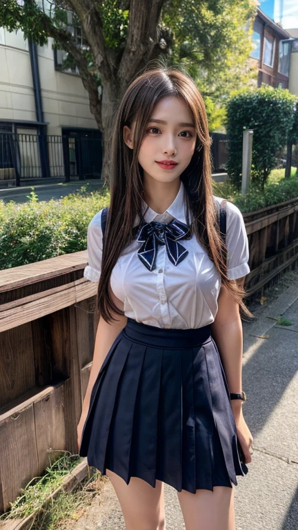 close-up of beautiful korean female, 34 inch breasts size, wearing kindergarten teacher uniform, in front of the kindergarten school gate, UHD