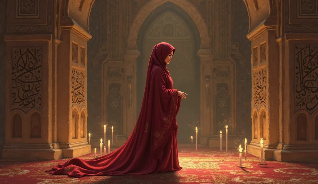 A woman shrouded in a 4-meter-long, plush red satin cloth, tightly bound and grandly draping along the form of her body, flowing off into a pooled floor-length train, styled in a mermaid-inspired outfit, her head modestly veiled in a satin hijab, in class room, a full-body pose conveying a sense of mysterious elegance, captured in a 4k resolution, ultra-realistic