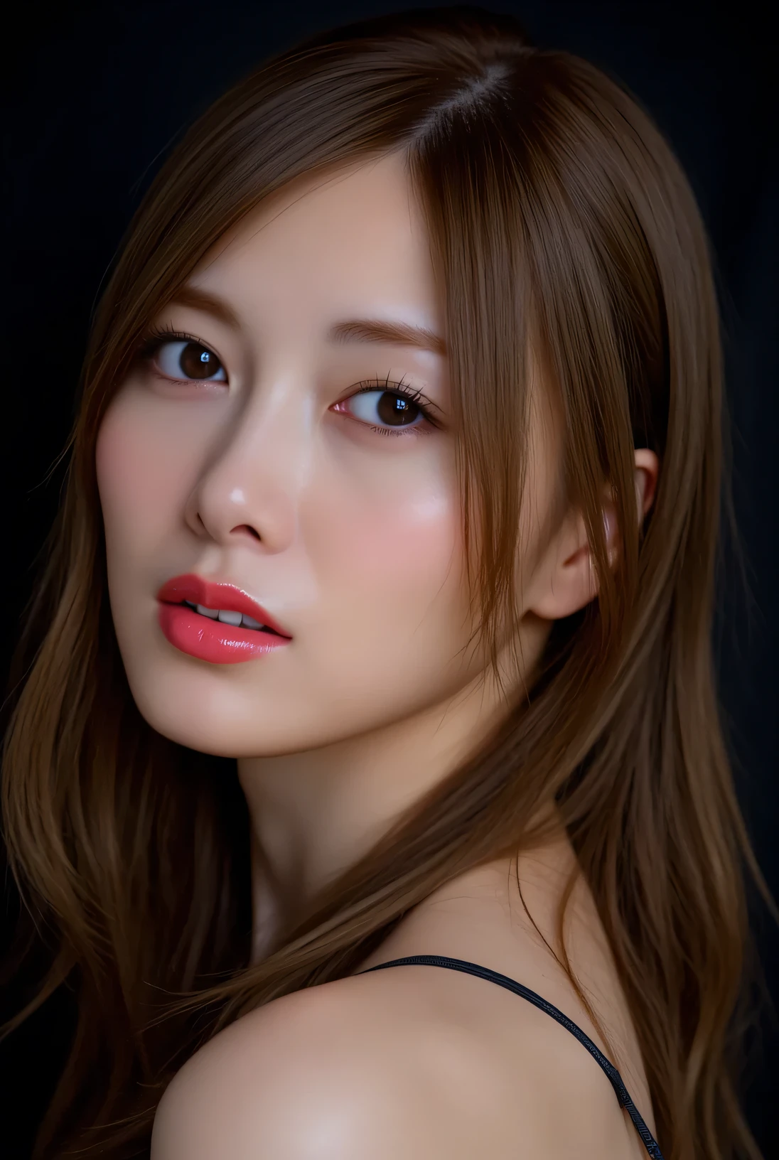 nsfw,She wants to be kissed, masterpiece, accurate, super detailed, super accurate, high quality, award winning, top quality, 16k, perfect anatomy, (front view, upper body), super high resolution hair, brown hair, (long hair:1.3), detailed face, realistic textured skin, focus on face, slightly red lips (waiting to be kissed on face:1.3), lips slightly open, (topless), black background,