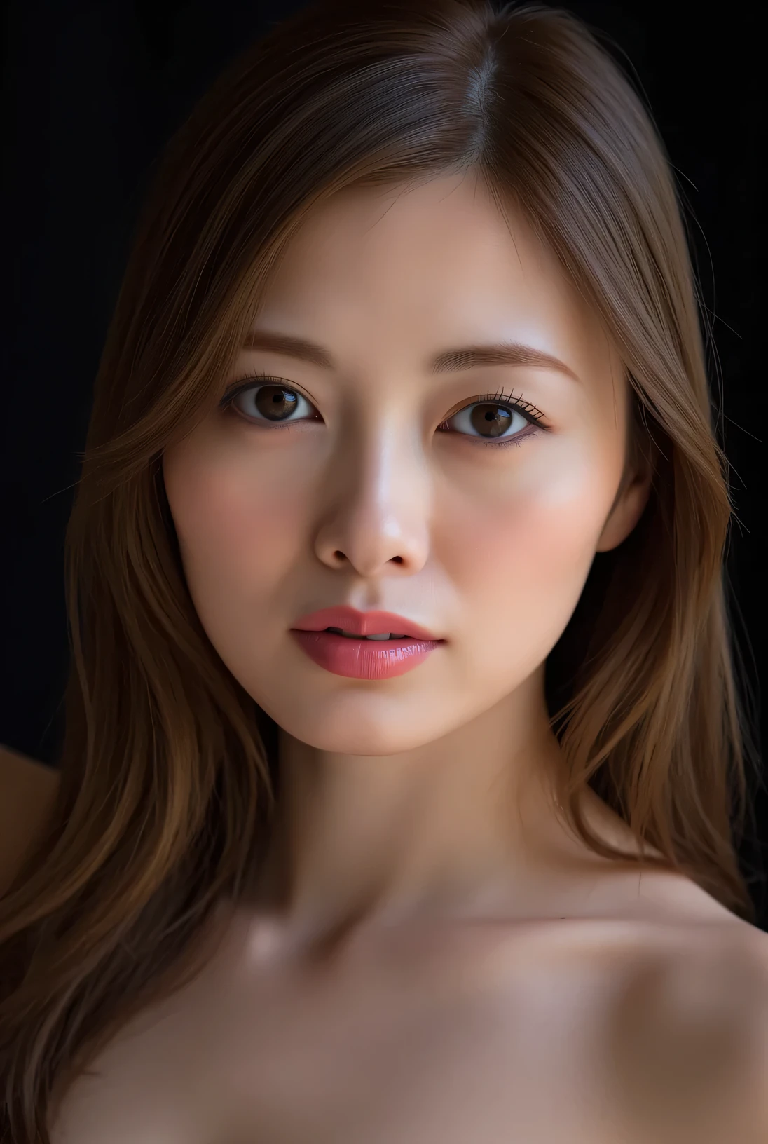 nsfw,She wants to be kissed, masterpiece, accurate, super detailed, super accurate, high quality, award winning, top quality, 16k, perfect anatomy, (front view, upper body), super high resolution hair, brown hair, (long hair:1.3), detailed face, realistic textured skin, focus on face, slightly red lips (waiting to be kissed on face:1.3), lips slightly open, (topless), black background,