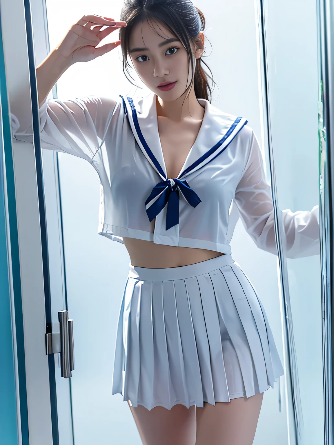 Behind the frosted glass, masterpiece, best quality, chest_On_glass,1 girl,  healthy body, wet translucent sailor suit,pleated skirt、 sweat, chest On windows, Water Drop, chest squeezed by glass,walk,shower room