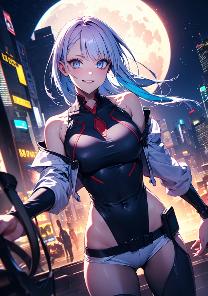 Anime sexy girly2k style Tied up and messy in the front and white horns and sexy bodysuit, with red eyes And a naughty face, Also put big butterfly tattoo On Right thigh and Japanese letters on the Left thigh , black gloves on both arms