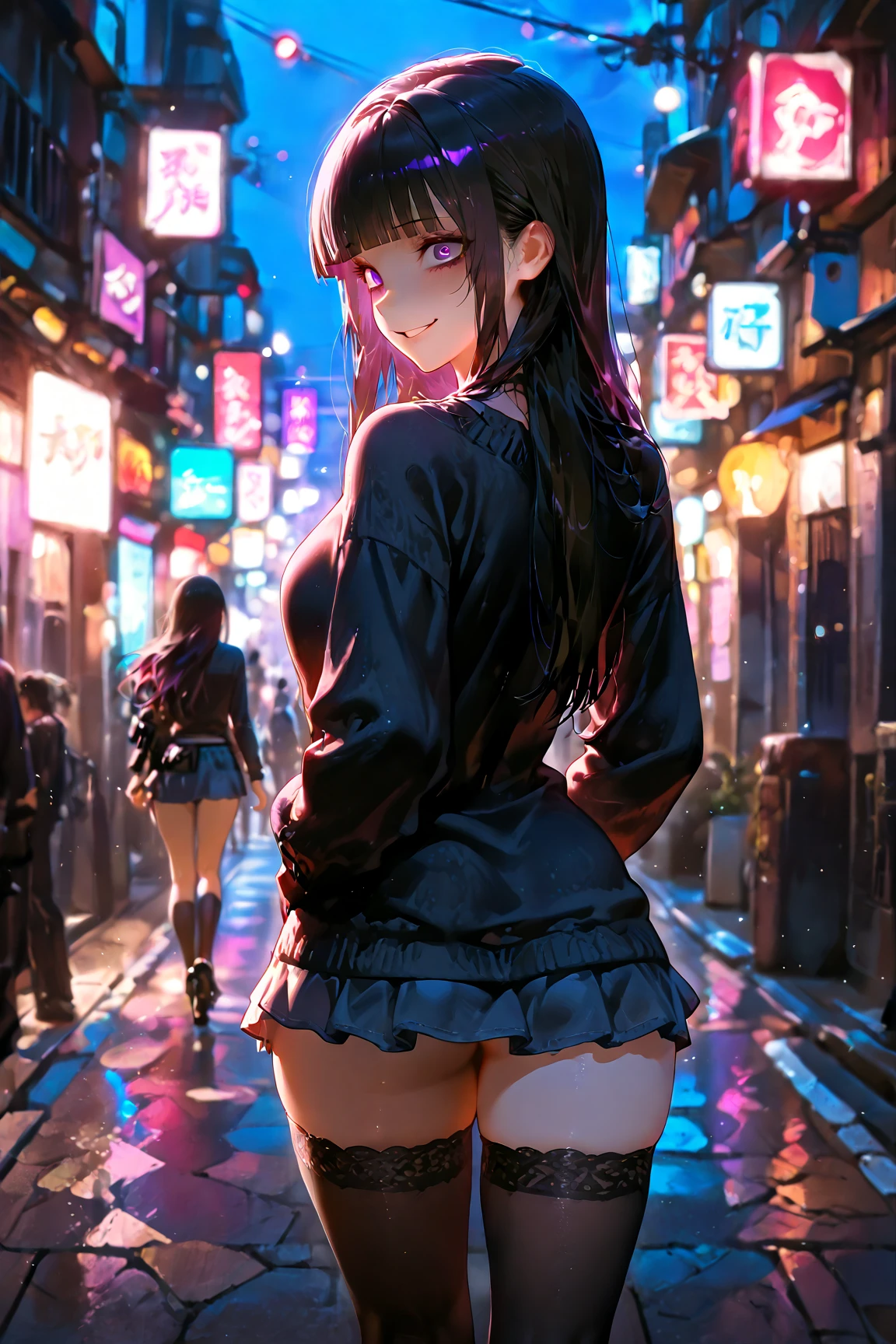 Cute girl with her back turned, girl focus, (1girls:1.3), Bangs,winked, bare shoulder,neckless , (skiny tunktop for sports + Black pants), 超detailded, Crystal Blue Eyes,Slender, masterful technique, joints, Long hair, animetic, Solo, Dark hair, High quality, Masterpiece,detailed syberpunk, neotokyo, Downtown, Neon Street, mist rain, (lovely large breast + wide hip),[wide hip] ,Turn around, smile with teeth, ((Smile with eyes)),Beautiful Girl, [Detail Face], detail hands, ultra detail eyes,sexy facial expression, pink colored moonlight