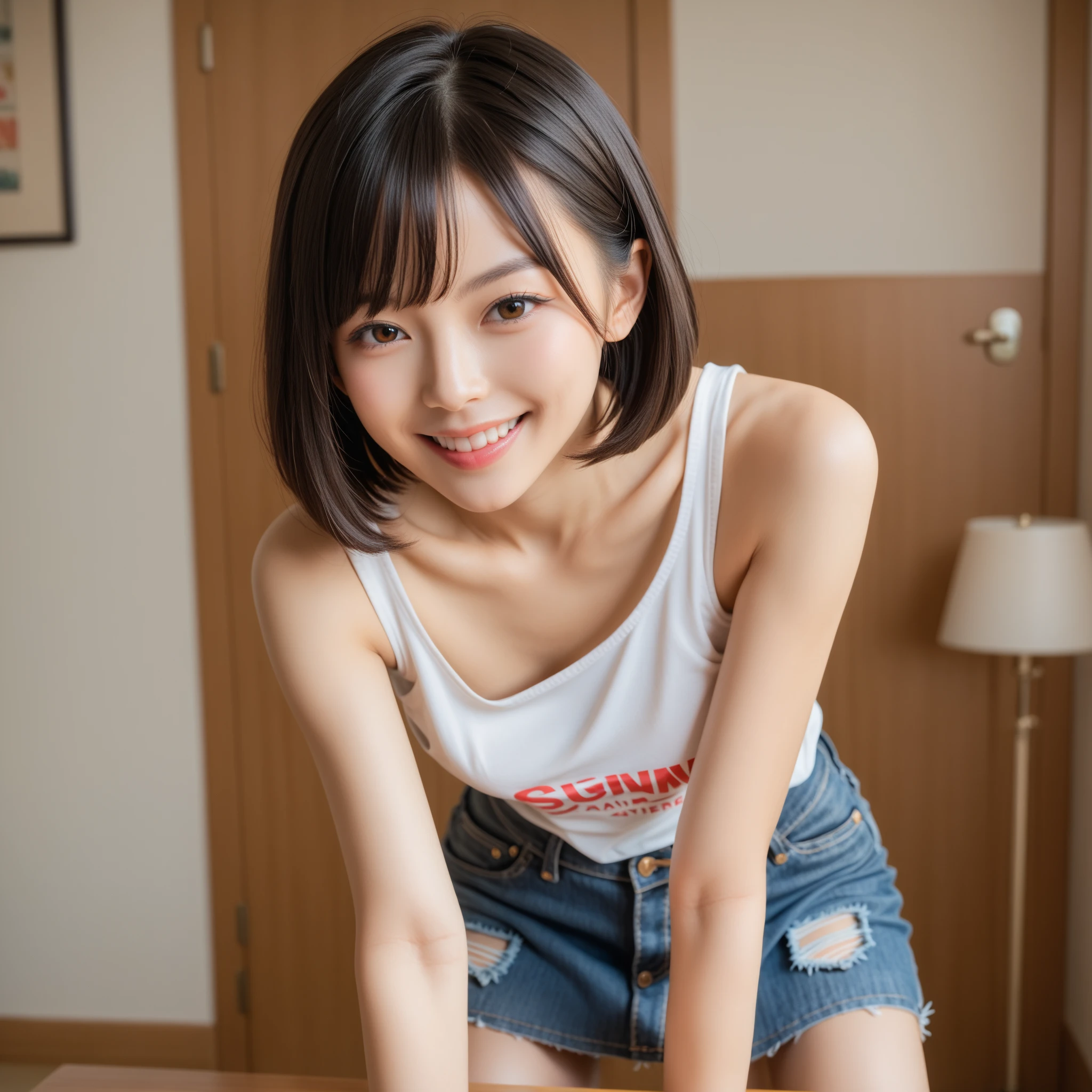 ollarbone,white pink t-shirt,off-shoulder look,bare shoulder,Denim shorts,open mouth,tongue out,cum on tongue,Black sofa,Kneeling,looking ahead,from above,flont view,face focus,(1girl,Beautiful 16 year old girl),((Slender,Small breasts,Small face,)),looking at viewer,Black Hair,bangs,Beautiful and detailed,Mischievous smile,Dimly lit room,Simple Background,Black background,Low lighting