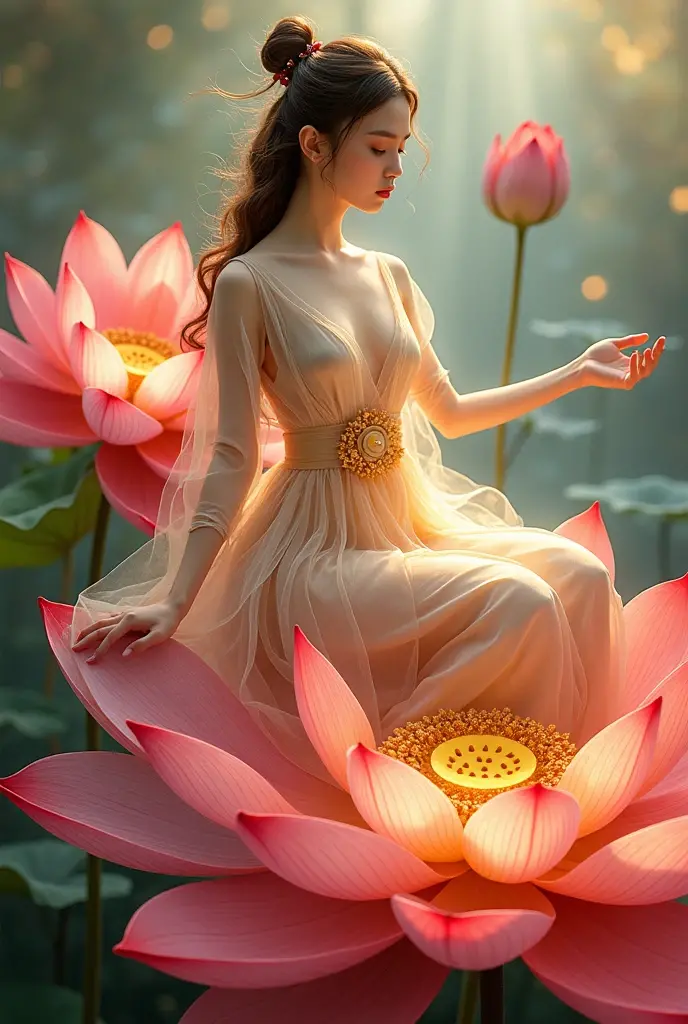 Imagine a fantasy enlightenment scene:An ethereal girl,The expression is serene,Sitting on a huge、The center of a shimmering rainbow-colored lotus。She was radiant in the soft glow of the flowers、translucent,Her silhouette represents pure elegance。She wore a layered silk dress,The fabrics reflect the fluidity of lotus petals,Shades include deep red、amber、Creamy white and gold。Her hair is elegantly tied up,More elegant。She gently stretched out one hand,As if directing the rainbow-colored dots dancing around her。The background is a mysterious garden,Shrouded in softness、In the ethereal mist,Dotted with giant lotus flowers of the same type,They are in different stages of flowering。Tall, slender plants with metallic tones,Glittering iridescent white buds on slender stems。The viewer is brought into a state of peace、A state of awe and otherworldly grace,Bathed in an otherworldly soft glow, Bright colors,Bright,rgb, Colorful),(High contrast:1.5),(whole body:1.8), magazine photography,Popular on social platforms,((Dopamineism)),(((Dopamine color matching))),Facing the screen,Dopamine color,High Saturation,High contrast,High Definition,8k,Dopamine,(in the style of Y2K),Luo Erchun,Three-dimensional ancient style,Oriental poetry and painting