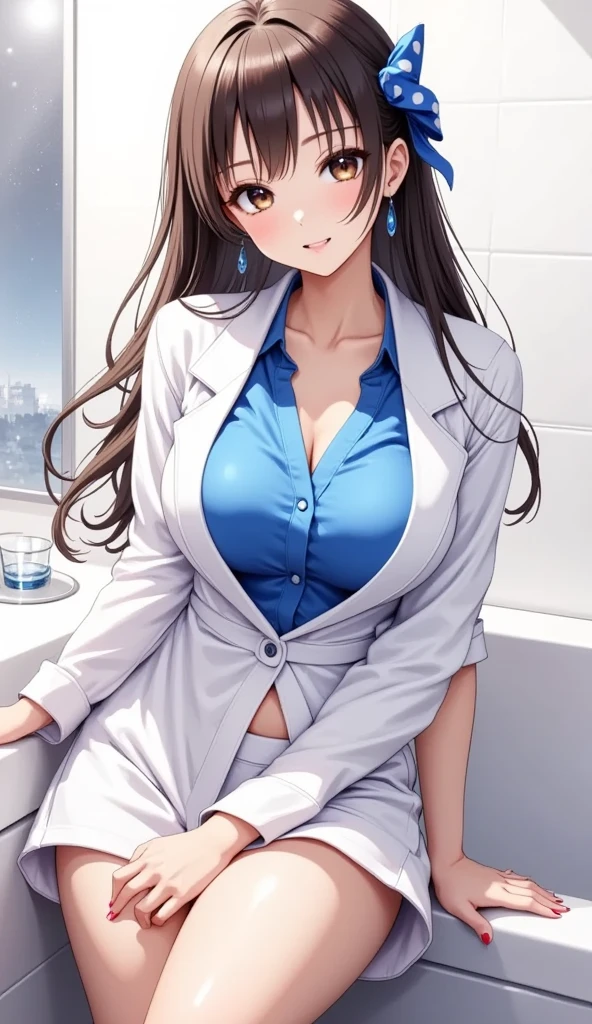 ((best quality, high resolution, distinct image)), (delicate illustration), 8k, 1girl, solo, extremely cute and beautiful, cowboy shot, white doctor gown, white blouse, black knee-length long pencil skirt, indoor, clinic room, blush, breasts, ((doctor outfit)), ((chestnut hair, wavy long hair, blunt bangs)), (green eyes:1.1), (huge breasts:1.25), cleavage, light smile, smile, happy, seductive smile, slende, abs, breathing, perfect anatomy, perfect proportion, seductive model posing, extremely leaning forward against the viewer, hands behind on hip, detailed background,