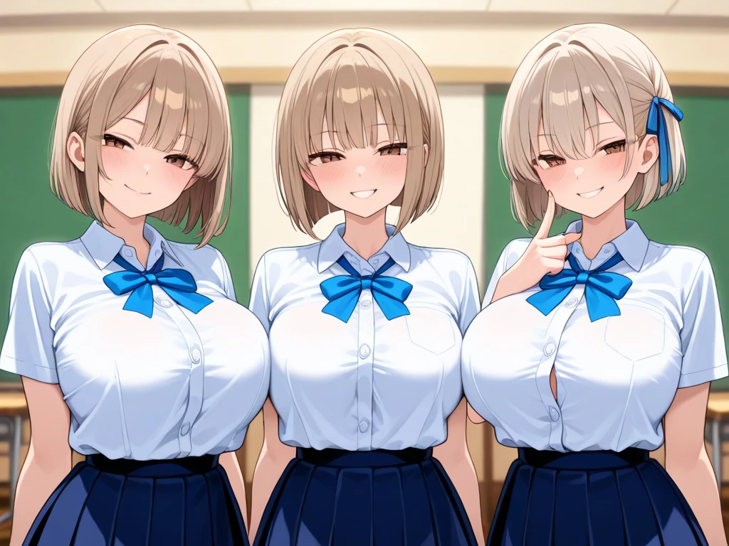 Super Resolution、
(Lively:1.3)、
(One slim girl)、Stylish girl、Huge boobs:1.5、((Boobs exposed:1.5))、((exposed:1.5))、Short Hair、Shiny lip gloss with nipples showing through、The bra is see-through:1.5. Thick thighs、Knee-high socks、Earrings、White sweater mini tight skirt、
 Exquisite beauty、Beautiful Face, (Pitch Resuit), In the classroom、Embarrassed face