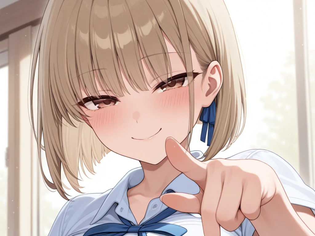 score_9, score_8_superior, score_7_superior,Source Anime,  , One girl, himesaki_Rinami, ベットのsuperior, smile,  ribbon,  Black jacket, Handjob,Large Breasts, front,High resolution, Staring at me,