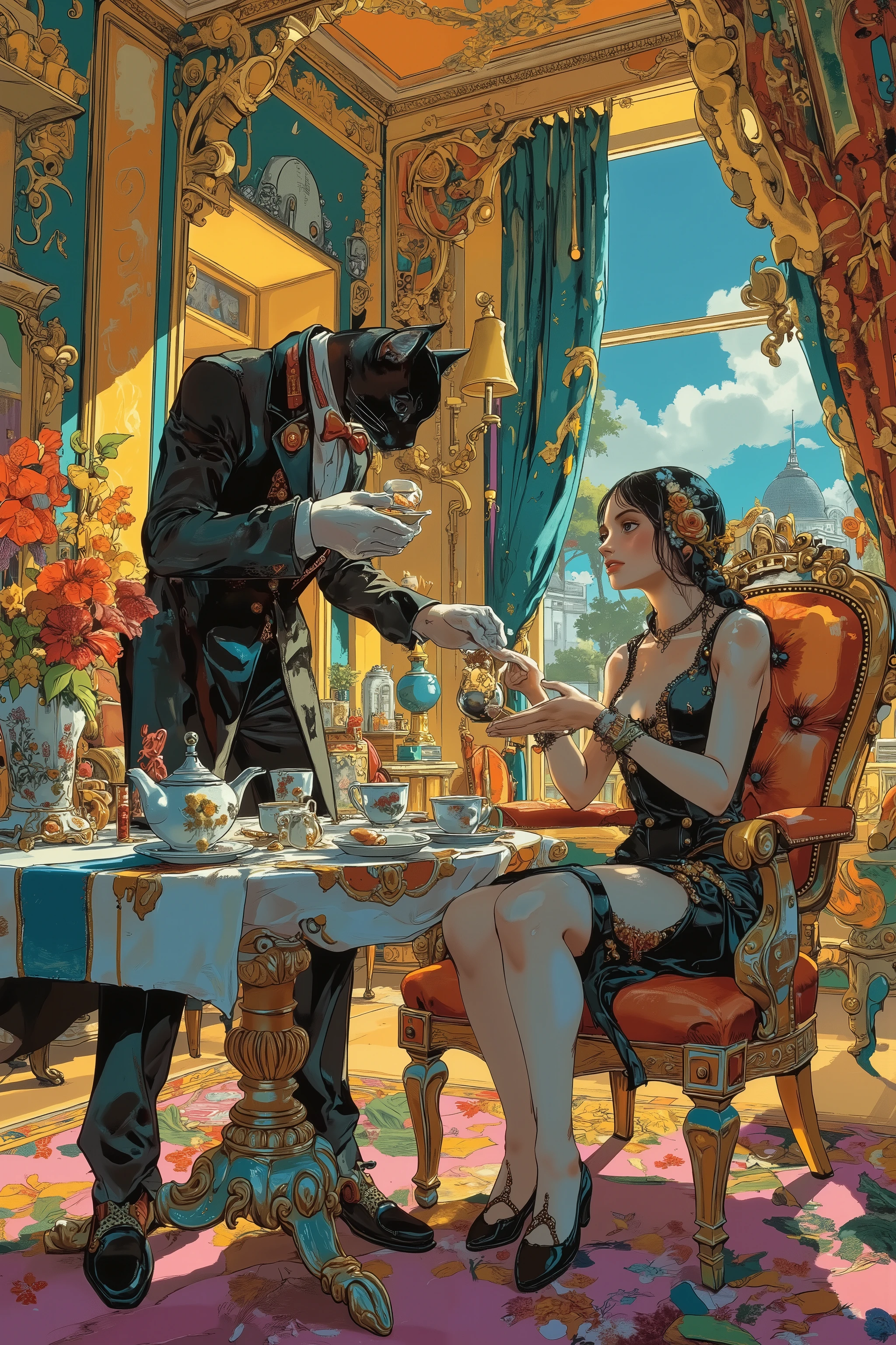 (standing black cat face butler,To pour tea on table),(young lady sitting chair),tea party,Art Deco Style,colorfull,vibrant colors,Spend an elegant time,cinematic,hirohiko araki style,phwamen