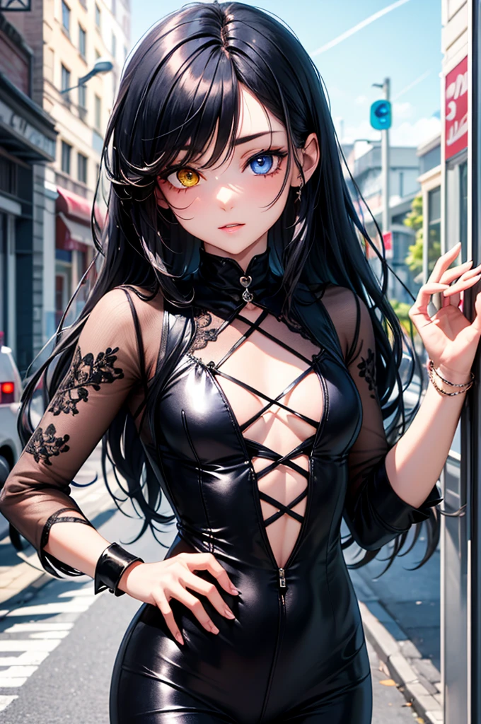 Yelan, 1girl, solo, long hair, looking at viewer, smile, breasts, city background, butt, bare shoulders, teeth, tight shirt, short sleeves, closed mouth, black t-shirt,portrait, shorts, skin tight outfit, seductive, realistic, best quality, masterpiece, ultra detail, ultra high res, extreme detail, 8k, uhd