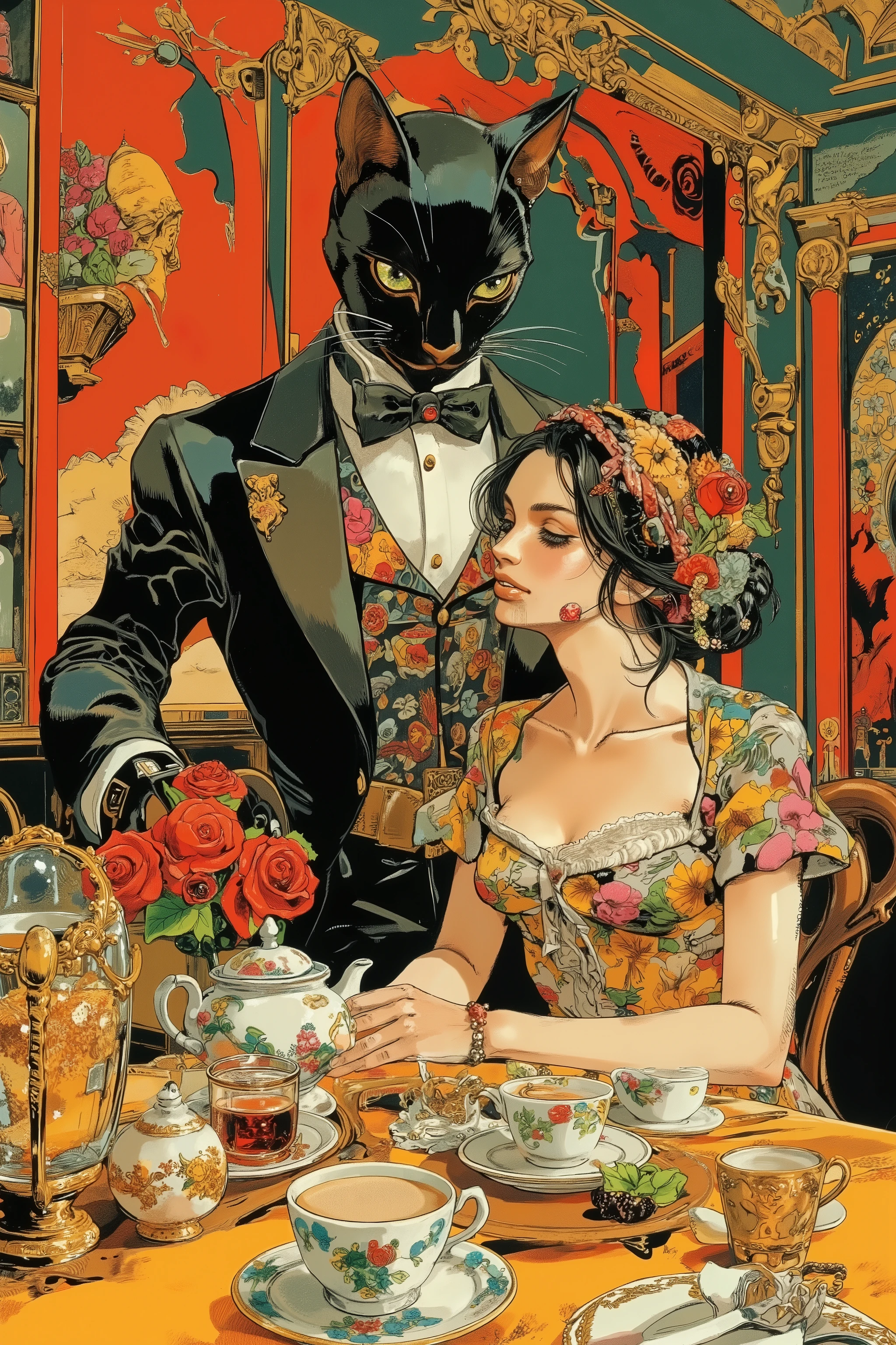 (standing black cat face butler,To pour tea on table),(smile young lady sitting chair),tea party,Art Deco Style,窓から青空が見える,colorfull,vibrant colors,Spend an elegant time,cinematic,hirohiko araki style,phwamen