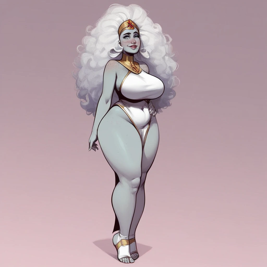 masterpiece, detailed, high quality, beautiful mature woman, (huge breasts), very long straight white hair, pink lips, very light blue eyes, (dark skin), white business suits, tight white business miniskirt, pantyhose regilla, white blouse, neckline, necklace, earrings, smile, serious expression, (three views, full body, white background, multiple view, three-sided view)
