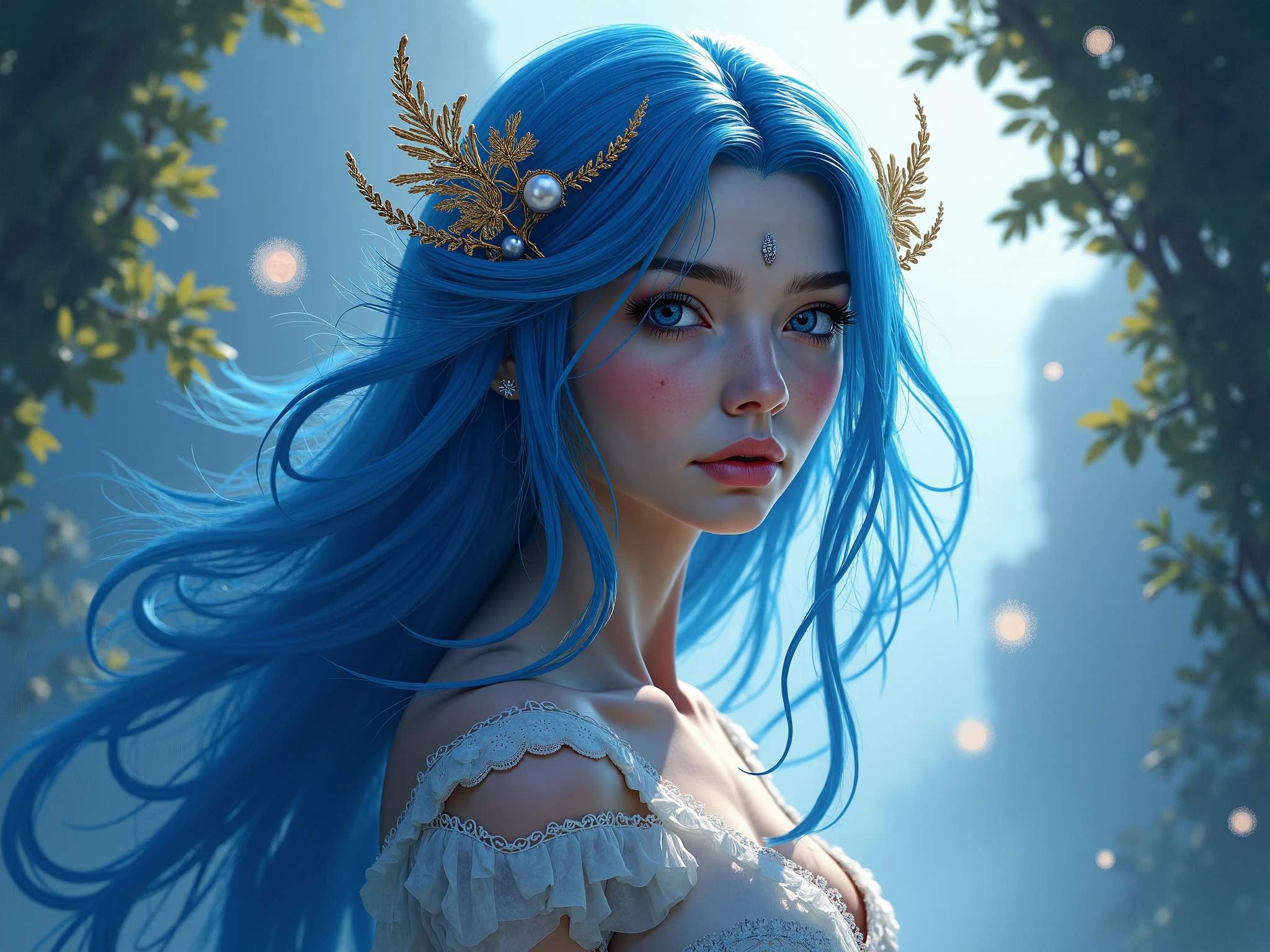 1female，Blue hair, hair over shoulders, Hair moist widow peak, wedding gown, covering eyes, white hair ribbon, head wreath, Moles under eyes, Gradient eyes, aqua eyes！！！！, wide-eyed, long eyelasher, Earrings, Pout, Sony FE GM, surrealism, first person perspective, A high resolution，Wedding scenes，Blue sky scene，Empty steppe scene