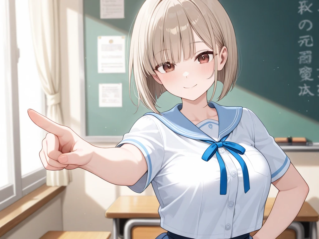 Mahiru shiina, , blonde, (Yellow Eyes:1.3)、Half Bob Hair,,blush,smile,Daytime、At school、School classroom、Captivating thighs、Beautiful bare legs, Short-sleeved sailor suit、Very cute
（masterpiece:1.2), highest quality, High resolution, unity 8k wallpaper, (shape:0.8), (Beautiful and beautiful eyes:1.6), Highly detailed face, Perfect lighting, Highly detailed CG, (Perfect hands, Perfect Anatomy),