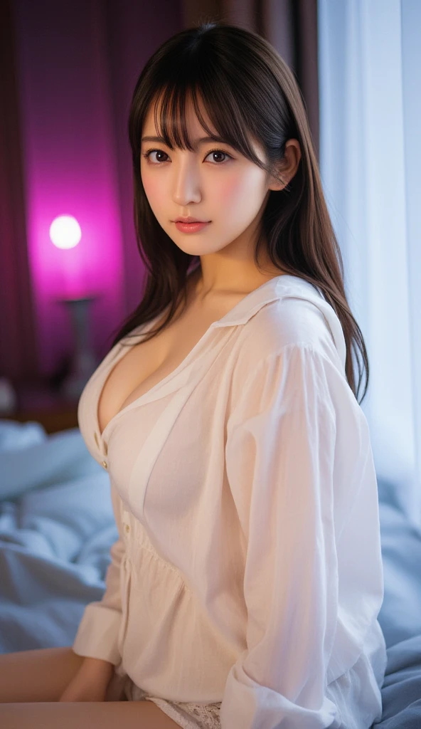 Close-up, masterpiece, Highest quality, Raw Photos, Photorealistic,Embarrassed face, Unbelievably ridiculous, Beautiful girls, cute,Long Hair、 Depth of written boundary, High resolution, Super detailed, Fine details, Very detailed, Very detailedな目と顔, Sharp pupils, Realistic pupils, Sharp Focus, Cinematic Lighting、Upper Body、Bathrobes、((Very large breasts))、Cleavage、belly button、Bathroom of resort hotel、Large windows、Palm Tree、You can see the ocean、Sitting on the sofa