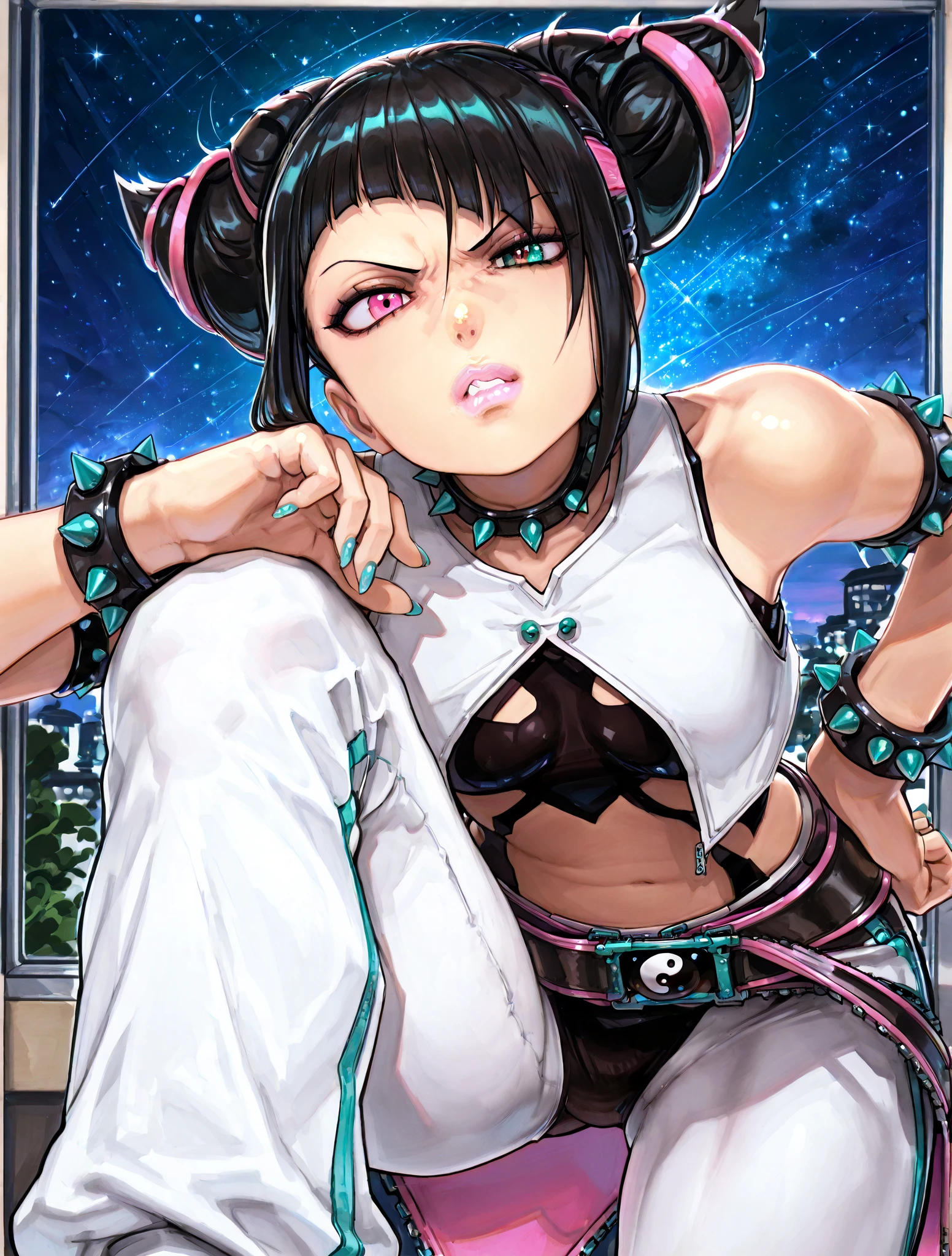 cute little ,(((little lolill tiny body,petite,chibi))),(((6 years ttle loli with extremelye and beautiful black hair)),(baby face), (round face),bit girl,Small loli,smallunderboob,
(at chest))),(((black hair:1.5,Qi bangs,double bun hair,colored inner hair,ear breathing))),((heterochromia:1.5, (pink_eye and gold_eye))),intricate eyes,beautiful detailed eyes,symmetrical eyes,big eyes:1.5,(((lustrous skin:1.5,bright sk1.5,skin tanned,shiny skin,very shiny skin,shiny body,plastic glitter skin,exaggerated shiny skin,illuminated skin,wet legs))),(detailed body,(detailed face)),
cute,slutty,erotic,((nsfw)),
zettai ryouikealing clothing,show skin),(((white dressing gown,Gold wire embroidery))),((wet clothes,intricate outfit,intricate clothes)),
(dynamic pose:1.0),embarrassed,(centered,scale to fit dimensions,Rule of thirds),
cyberpunk city by the ocean at night, with bright neon signs and dark stormy clouds and puddles, scenery:1.25,nighttime, starry night, cosmos,Very dark night that makes the neon lights stand out, very bright neon lights,nighttime, starry night, cosmos,
artistic photography,(photography taken by sldr),highres, sharp focus,(ultra detailed, extremely detailed), (photorealistic artwork:1.37),(extremely detailed CG unity 8k wallpaper),((synthwave background theme)),(((vibrant colors))),intricate,(intricate background),(masterpiece),(best quality),perfect rendered face,perfect face details,realistic face,photo realistic,analog style,((intricate detail)),(((ism))),
