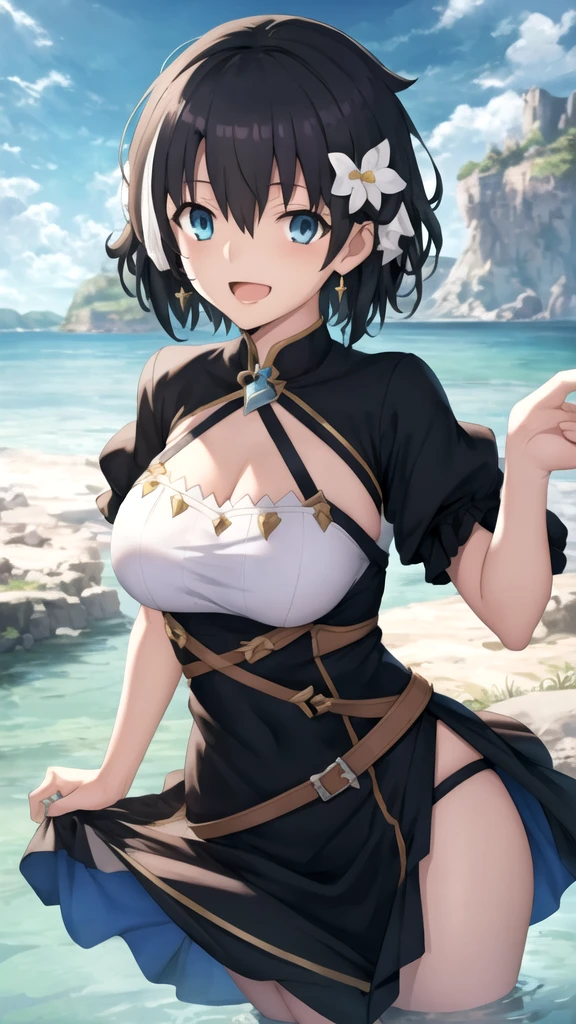 masterpiece, mountainous horizon　Upper body, big breasts, (((white bikini armor))), nsfw,　, , black hair　blue eye, ((very short back hair)), blunt bangs, bowl cut hair, cute eyes　looking at the viewer　((from front)), open mouth, orgasm, ((abs)) smile, ((looking up:1.3))), (face close up:1.3), orgasm, scared, Are standing, (fang),((glaring)), (arms up behind), angry, From the side, ((group sex)), ((hetero))