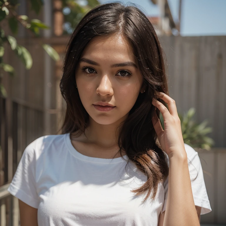 Indian Woman, look at viewer, long hair, T-Shirt , jeans, (town rooftop), film grain, rim light, upper body, close up shot, hands in pocket