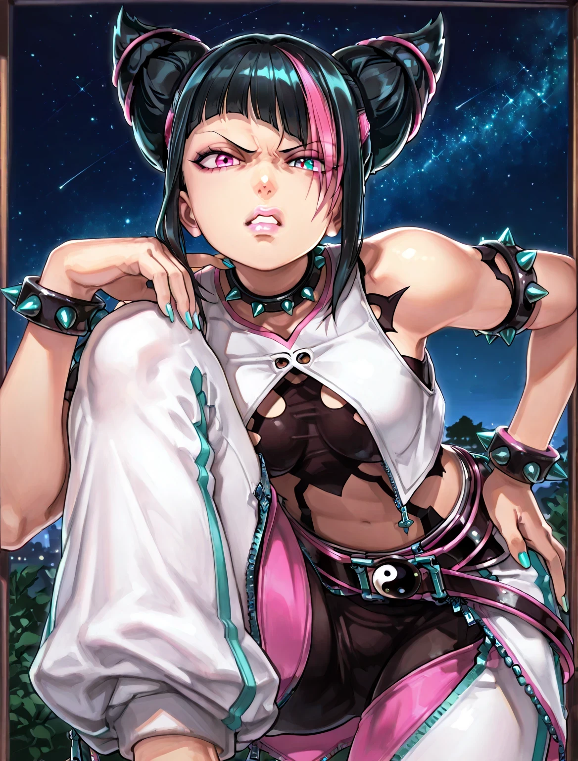 ((juri han)), ((masterpiece)), ((high resolution)), ((solo portrait)), {(attractive figure), (medium breasts), (beautiful legs), (lush lips), (turquoise nails), (black hair), (hair horns), (pink dyed bangs), (heterochromia), (pink and turquoise eyes), (parted lips), (annoyed), (condescending look)}, {(white vest top), (sleeveless), (white leggings), (baggy open black pants), (ying-yang belt), (zippers on pants), (white leggings), (spiked bracelet), (spiked choker)}, {(leaning forward), (hand on hip), (head tilted up), (knee up), (looking at viewer)}, ((nighttime)), ((starry sky))