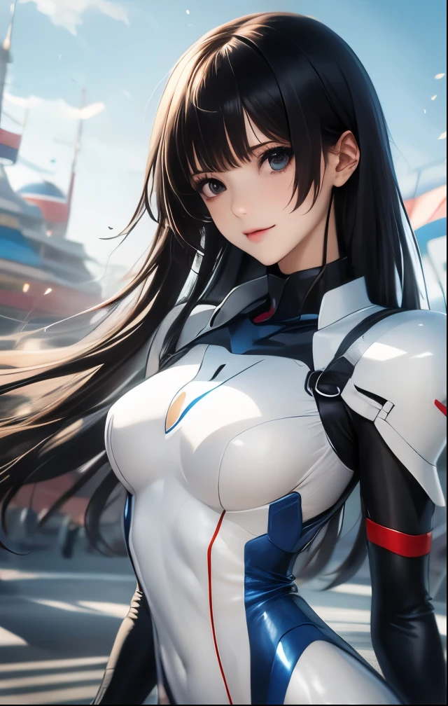 (((SFW、Highest quality、 first class masterpiece 、 normal body 、32k、 detailed face 、super precise、 normal hand、5refer to、Highest)))、Tsuzaki Aoba、aoba-tsusaki、『JINKI』、Beautiful Girl、black hair、long hair、beautiful breasts、slender、 slim、Petite、 can be used、Tight bodysuit