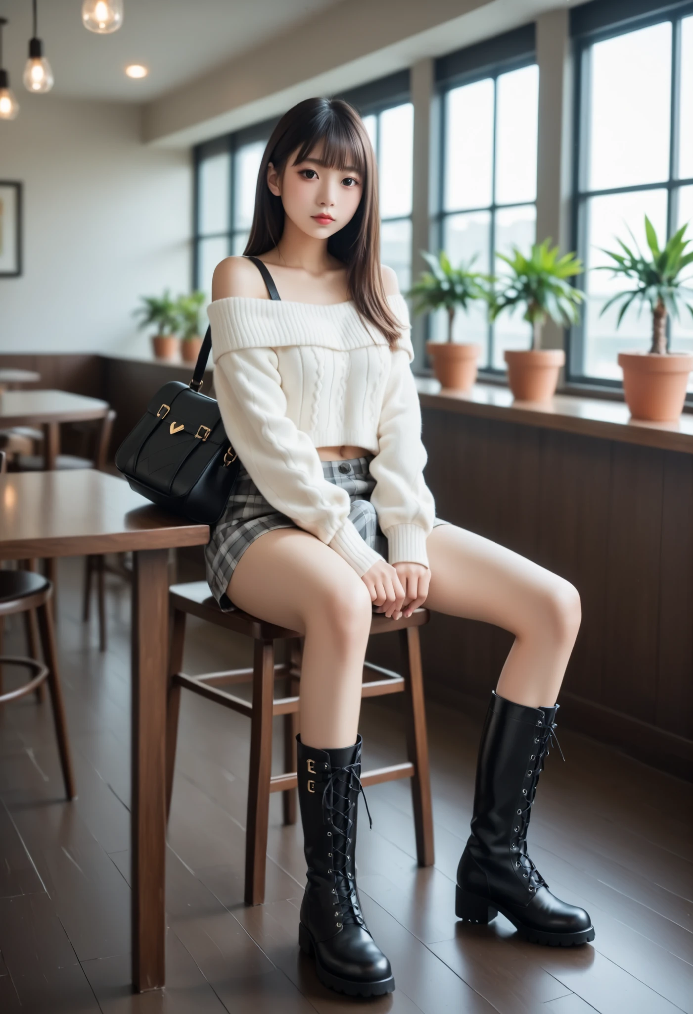 cinematic lighting, Octane Rendering, Super Detail, very detailed, photorealistic snap portrait photograph of a Japanese woman, Sony A7R IV, Ultra Model Photoshoot, score_9,score_8_up,score_7_up,source_Genuine,Genuineistic,photoGenuineistic,(best quality, Official Art, very aesthetic:1),(perfect hand in h:1.2),Expressive BREAK Cute Asian Woman,  lori, Expressive BREAK Cute Face and Eye Details, (Genuineistic eyes), Fair skin, has a small face, big eyes, idol, glossy lips,  double eyelids in both eyes , Natural makeup,  look at viewers {x} Shiny, smooth, light brown hair on long bob hair, asymmetrical bang BREAK ( big white jacket:1.3), (black off-shoulder sweater:1.3), (gray plaid miniskirt:1.3), (black boots:1.3), (shoulder bag:1.3), white panties are visible , very detailed胸像, (curvy body) BREAK Genuineistic skin texture, full body, Glowing Thighs, sexy pose, chair looking at the fireplace, stick your buttocks out、spread legs、slender body, dynamic angle, (throw), front view,photo background,  inside a cafe, Wooden chair,  wooden table, potted plants,  window, sunlight, bright lighting.,Erection under clothes,
