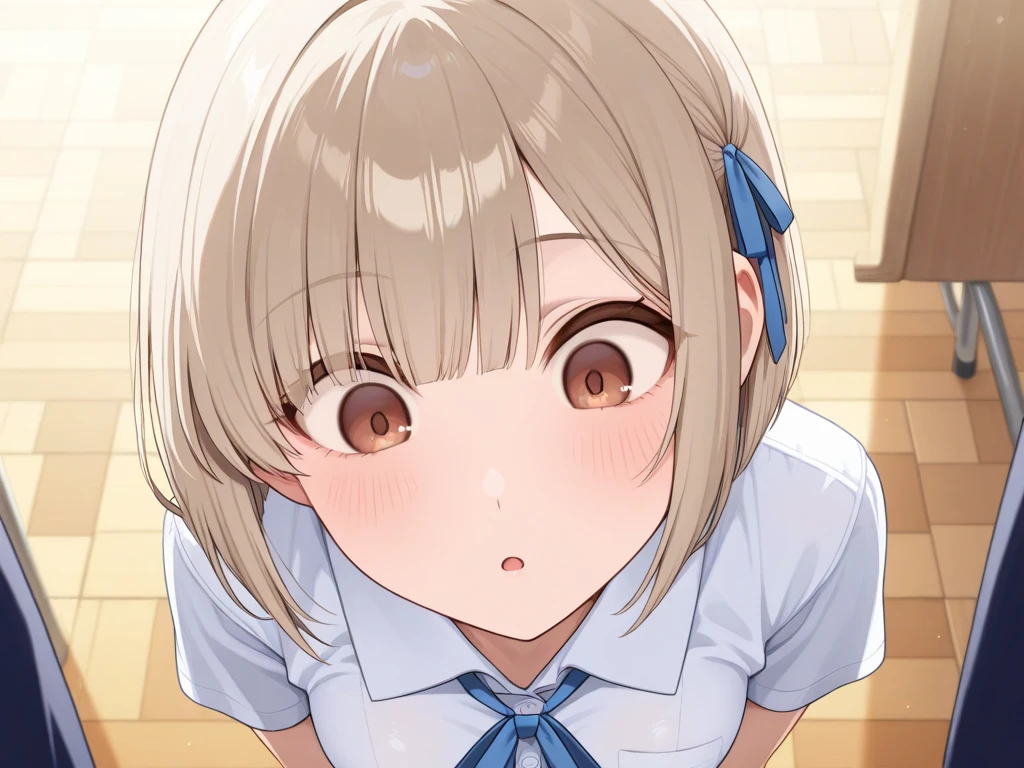 ((masterpiece,best quality)), high resolution, ultra detailed,8k,16k,detailed background, perfect lighting,detailed beautiful eyes, 1girl,solo,embarrassed,blush,steam, heavy breathing,look at viewer,saliva trail,half-closed eyes,(happy smile:1.2),(open mouth,oral,spread mouth:1.4),ahegao,seductive eyes,face focus,(from above,from front:1.4), (selfie),be breathless,show mouth,sweat,fisheye lens,stick tongue out,kneeling,portrait,fair skin,small breast,(slender,short body,narrow sholders,short stature:1.3),classroom,sanae dekomori,long hair,gold hair,twintail,blue eyes,short bangs,