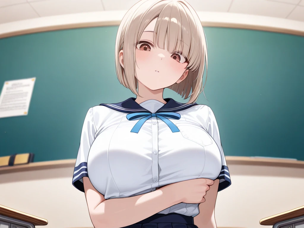 、(masterpiece、Highest quality)、Highest quality, Ultra-high resolution, (((masterpiece))), alone, Sweat、Big eyes, Composition from the front、Shortcuts、Embarrassed face、Blonde Hair、Cut your hair short、School classroom、Sailor suit、skirt、short hair、Browsing Caution、Upper body naked、Breasts exposed、Nipples、Large areola、Sitting in a chair without a backrest、Internal Medicine Examination、Woman showing her body、belly button、真Composition from the front、School Insurance Office、curtain、cubicle、window、door、Fluorescent lamp