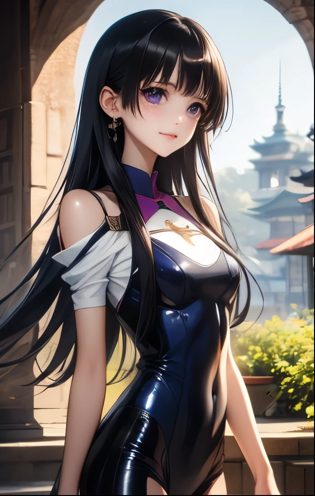 (((SFW、Highest quality、 first class masterpiece 、 normal body 、32k、 detailed face 、super precise、 normal hand、5refer to、Highest)))、Tsuzaki Aoba、aoba-tsusaki、『JINKI』、Beautiful Girl、black hair、long hair、beautiful breasts、slender、 slim、Petite、 can be used、blue-purple peach ribbed bodysuit、ruins