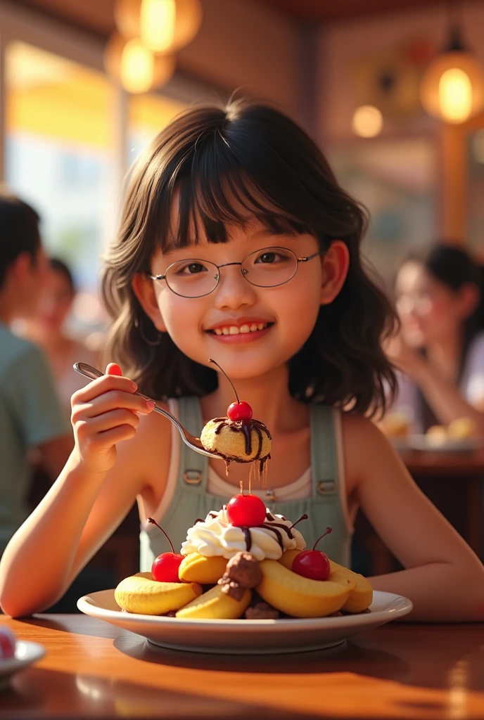 A couple chubby cute little Asian girl and boy, aged 3 years, walks with two hands holding an ice cream cone , jumping around smiling and feeling happy.  In the middle of light rain, cinematic wide angle scene, dark atmosphere in the middle of a busy traditional Thai market.