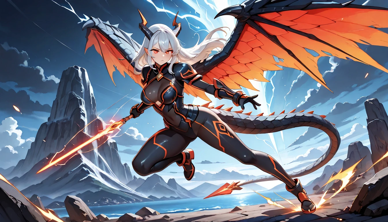 female, 1girl, promotional art, dragoon, colorful, storm, swirling lightning, blue galaxy
(absurdres), (highly detailed), (best quality), masterpiece, (beautiful lighting), (volumetric lighting) , wing, beast