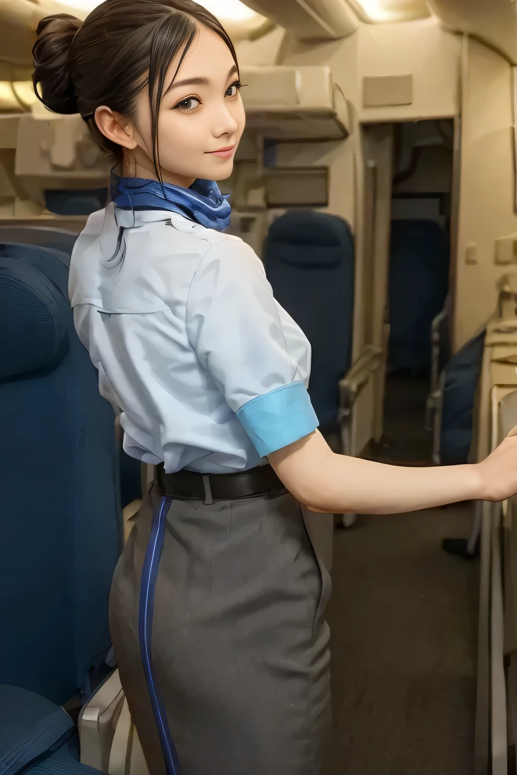(masterpiece:1.2, best quality:1.2), 32kHDR, high image quality 。  perfect for loosely aligning your legs  , (alone、 1 girl on break day)、（  daytime building rooftop  、 professional lighting ）、  against the roof of a building  、（ANA Flight Attendant Uniform Blue Wear 、real style ）、（（ ANA flight attendant uniform 、  ANA cabin crew uniform blue skirt 、 Has a Blue Line on the Back 、 Wrapping scarf around neck ））、 lots of dark brown hair 、（ long hair、 hair tied、 hair tied,  braid summary hair  ）、 lots of dark brown hair 、 long hit 、Big Breasts、thin legs、（（ amazing hand  ：2.0）），（（ 。  figure in harmony with the roof of the building  。 ：1.5）），（（generally limb：2.0）），（（generally ：2.0）），（（ watch：2.0）），（（generally goal ：2.0））)、 smile 、（  beautiful back visible ANA cabin crew uniform blue ）、  cross hands under the body 
