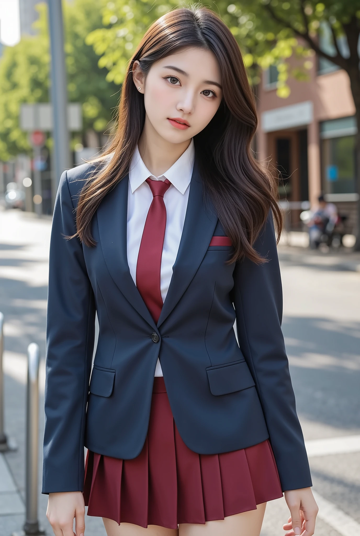 completely full body, highest quality, figure, Super detailed, In detail, High resolution, 8k wallpaper, Perfect dynamic composition, Beautiful fine details, uniform,Medium Hair, Center of chest, Natural color lip, Standing posture,smile,High school girls,Head to Toe、Copy everything,