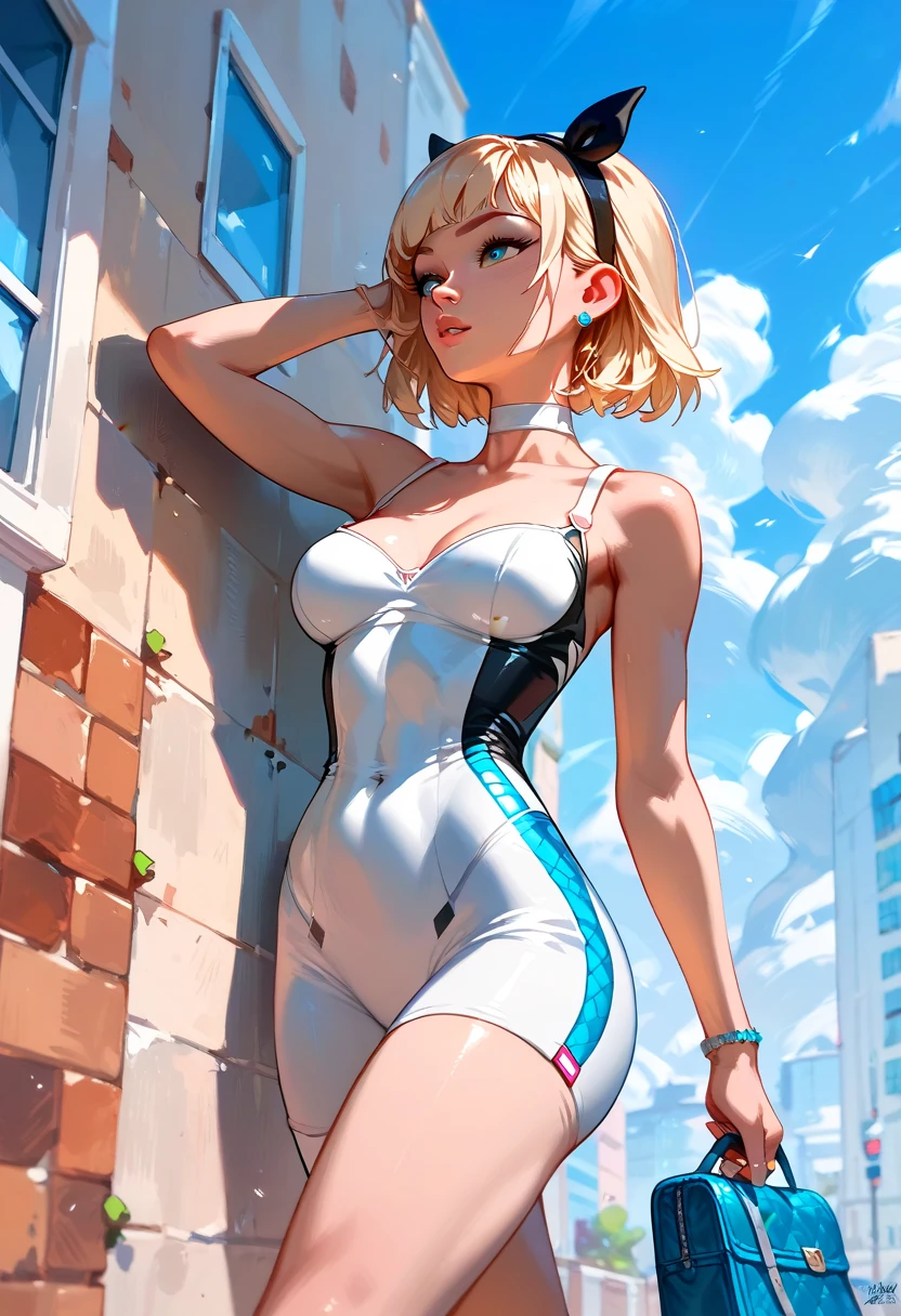 Girl in latex swimsuit, very small breasts and medium ass, showing