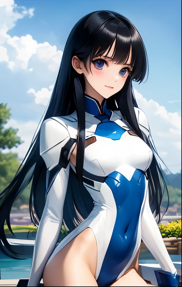 (((SFW、Highest quality、 first class masterpiece 、 normal body 、32k、 detailed face 、super precise、 normal hand、5refer to、Highest)))、Tsuzaki Aoba、aoba-tsuzaki、『JINKI』、Beautiful Girl、black hair、long hair、beautiful breasts、slender、 slim、Petite、 can be used、blue purple tight bodysuit、