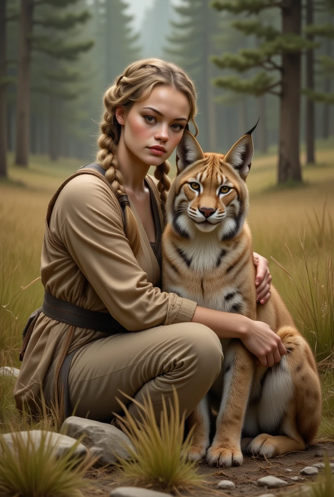 Photo of Guinwen cuddling with a lynx in a wild, natural setting. Framed with the vast wilderness as backdrop, soft natural light highlights their connection. Guinwen sits on the forest floor, gently interacting with the wild cat amidst tall grass and scattered rocks. The composition emphasizes harmony between human and nature, capturing raw intimacy. Keywords: Guinwen, lynx, wilderness setting, natural lighting, wild environment, tender pose, outdoor intimacy, feline bond, untamed beauty, solo,twin braids,serene moment, mist, bokeh.