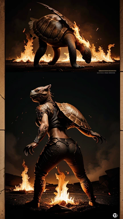 A gigantic muscular woman in boot gloves and a leopard-print bikini confronts Godzilla in a bustling cityscape filled with ruined skyscrapers. Dust, debris and chaos suggest a major confrontation. The woman is in the middle of a roar, mirroring the creature's aggressive stance. The scene is dramatic and intense, with the city buildings in the background.

