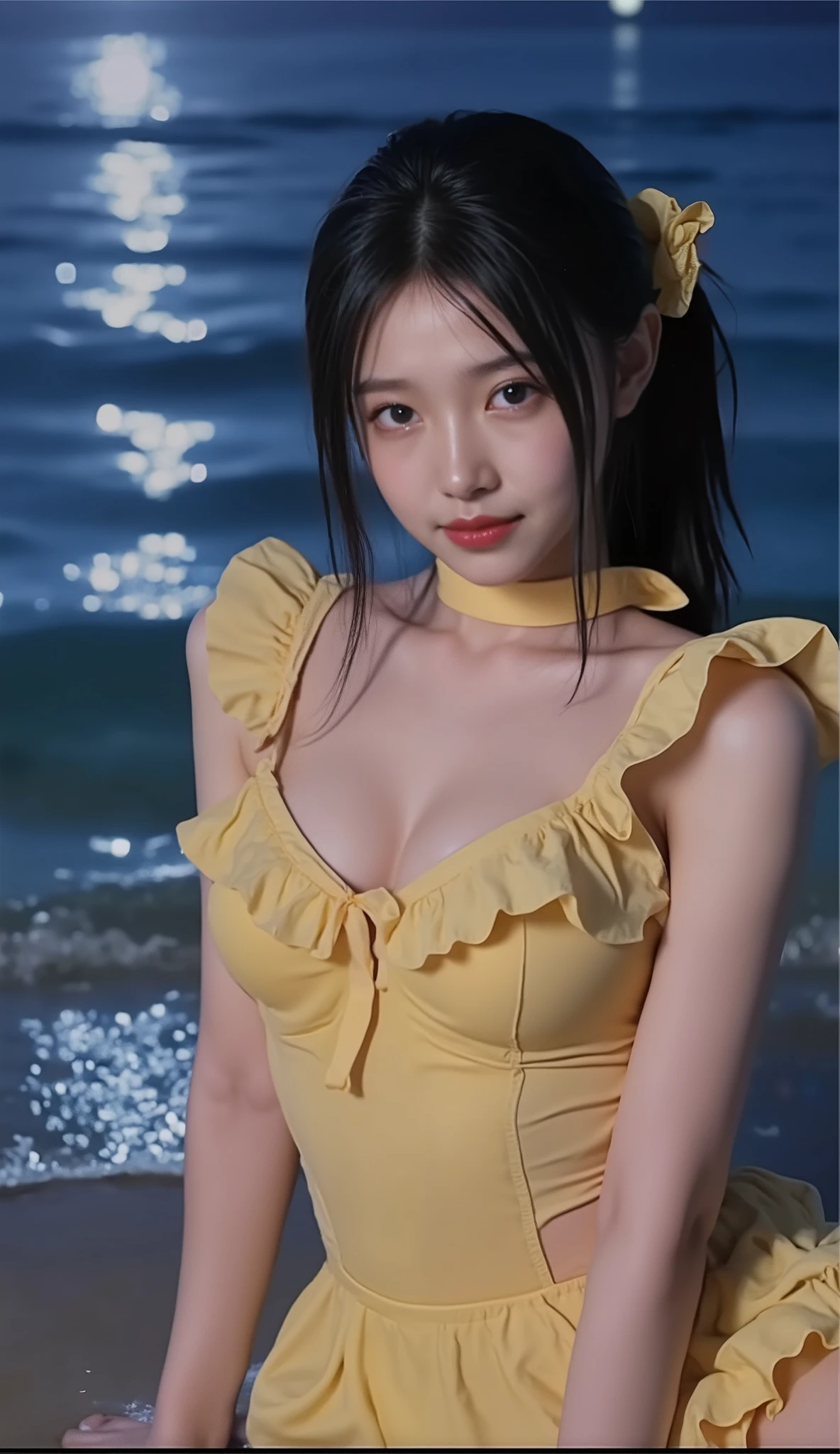 Realistic, textured skin, {best quality}, {highres}, beautiful and charming classical Chinese woman, full body photo, 28 years old, delicate and charming small face, smiling, slender and charming figure, delicate and charming collarbone, Sapphire necklace, air bangs, black hair, bright peach blossom eyes, pink lips, double eyelids, deep cleavage, (bright yellow sleeveless tutu skirt), standing on the bow of the ship, with open hands, the breeze blows, seagulls fly over bright background