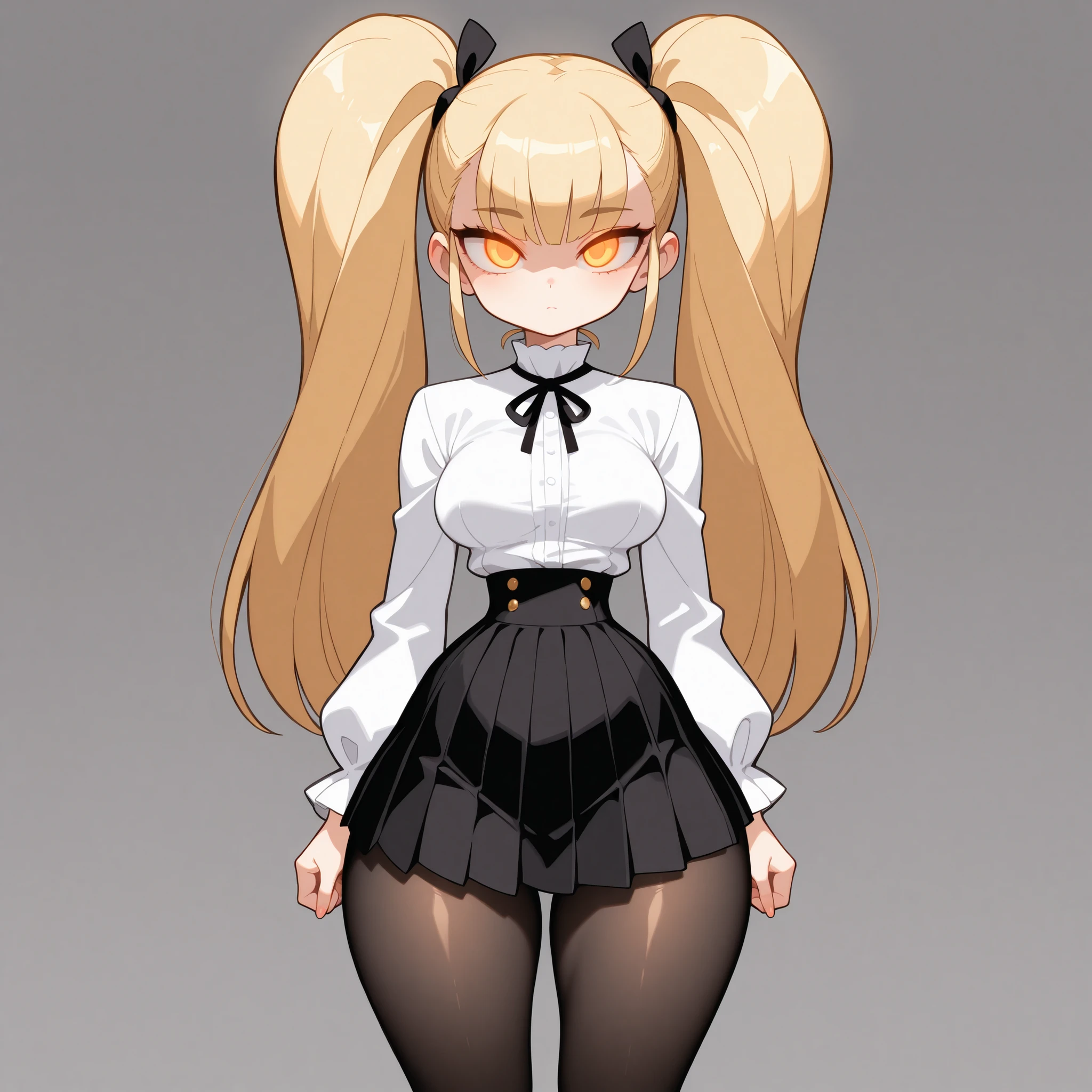 masterpiece, best quality, amazing quality, very aesthetic, absurdres, high res, shiny skin, diives, 1girl, solo, long blonde hair, twin pigtails, straight hair, orange eyes, glowing eyes, medium breasts, narrow waist, wide hips, thick thighs, white blouse, black ribbon, black pleated skirt, black pantyhose, expressionless, cute, standing, looking at viewer, simple background, from the front view, shiny skin, high res