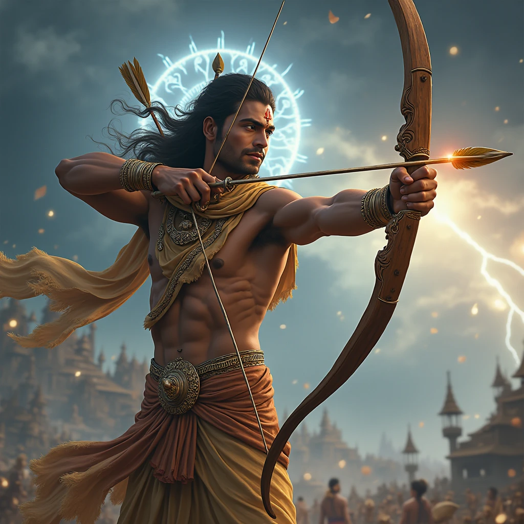 “A highly realistic and cinematic digital artwork of Arjuna from the Mahabharata, depicted in the heat of battle on the cosmic battlefield of Kurukshetra. Arjuna is seen aiming his divine arrow with unwavering focus, his muscular arms pulling back the glowing string of his legendary Gandiva bow. His eyes are sharp, filled with determination and a deep sense of duty. He is adorned in shining golden armor that reflects the light of the surrounding cosmic energy. The battlefield around him is vast and otherworldly, with cosmic elements like swirling galaxies, stars, and nebulae blending into the horizon, symbolizing the epic scale of the battle. Arjuna’s feet are firmly planted on the ground, with dust and energy swirling around him, emphasizing the intensity of the moment. The sky above is dark with stormy clouds, but beams of divine light break through, illuminating Arjuna as he prepares to release his arrow. In the background, you can see faint outlines of chariots, warriors, and celestial beings, adding to the grandeur of the scene.”
