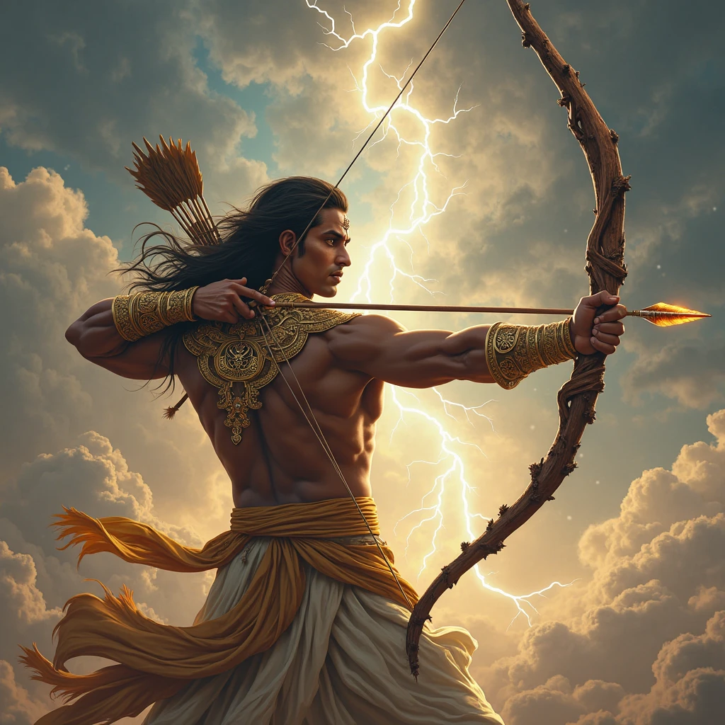 A eight pack gym body he wear a dhoti with shirtless and he releasing an lighting arrow with the gandiva bow